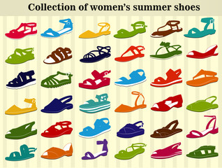 Set of women's summer shoes in different colors