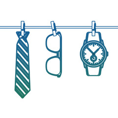 necktie sunglasses and wrist watch hanging in rope vector illustration degraded color