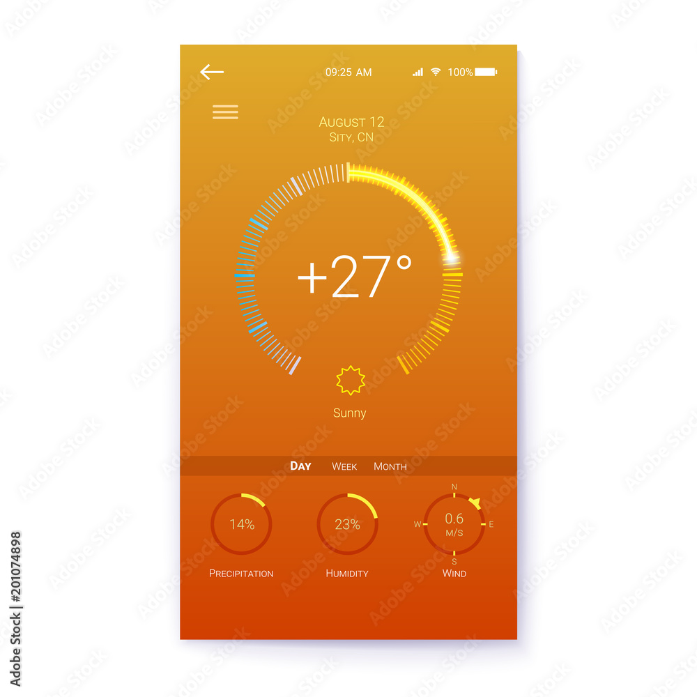 Poster layout for summer weather mobile apps with temperature, humidity and wind sensor. ui of mobile app p
