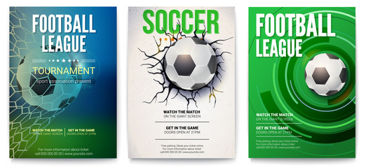 Set of posters of football tournament or soccer league. Graphics design with ball. Design of banner for sport events. Template of advertising for championship of soccer or football, 3D illustration.