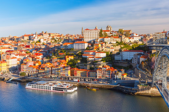 Picturesque panoramic aerial view of Old town of Porto, Ribeira and Douro River in the morning, Portugal