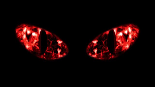 A monster looking 3d rendering of big black cat eyes with black irises and flame looking retina with shimmering flashes of fire. The eyes glitter and turn into white eyeballs. 