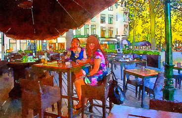 women in street cafe, watercolor style