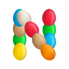 The letter N of the English alphabet is made up of colorful eggs. Isolated. White background. Education