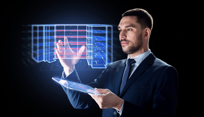 architecture, technology and construction concept - businessman with transparent tablet pc computer and virtual building blueprint projection