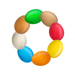 The letter O of the English alphabet is made up of colorful eggs. Isolated. White background. Education