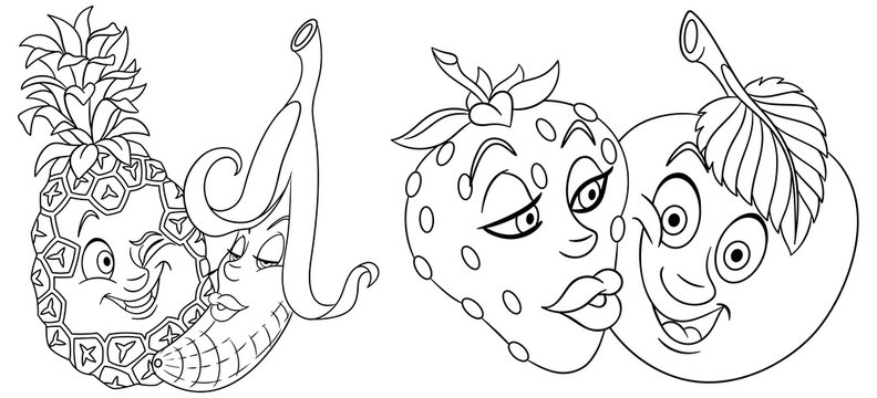 Coloring pages. Cartoon Fruits in Love. Lovely kiss Emoticons. Emoji for Valentines Day.