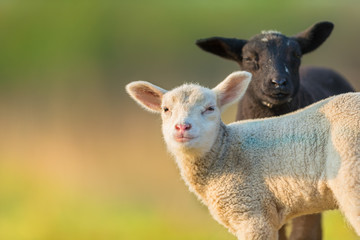 Portrait of cute different black and white young lambs on pasture