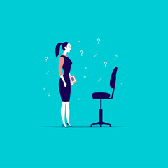Vector flat business illustration with office lady standing at blank chair isolated on blue background. Job searching, career perspective, employment, vacancy, head hunter profession, growth metaphor.