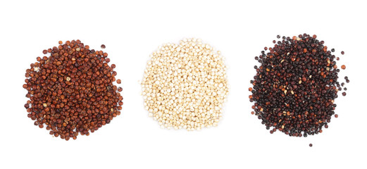 Black red and white quinoa seeds isolated on white background. Top view