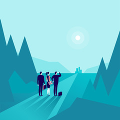 Vector business concept illustration with business people standing at forest edge & watching on horizon city. Metaphor for new aim, goal, purpose, achievement and aspiration, motivation, overcoming.