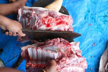 Butcher cut raw meat of a pig with a knife at table in the slaughterhouse