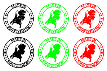 Made in Netherlands - rubber stamp - vector, Netherlands map pattern - black, green and red