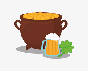saint patricks day design with pot of gold and beer jar over white background, colorful design. vector illustration