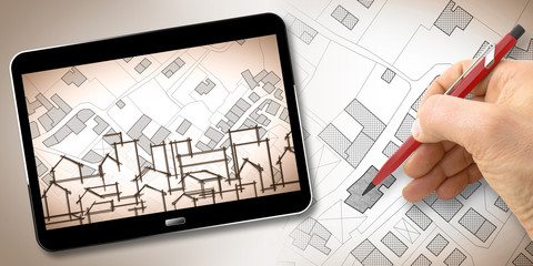 Hand drawing an imaginary cadastral map of territory with buildings, fields, roads and land parcel - Building activity concept image with 3D render of a digital tablet