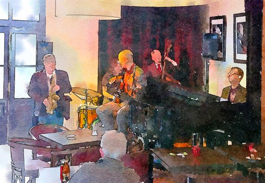 people in jazz cafe, watercolor style, the Hague