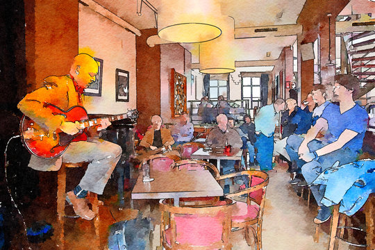 people in jazz cafe, watercolor style