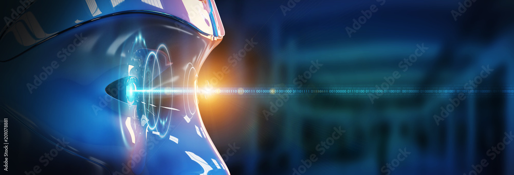 Poster cyborg head using artificial intelligence to create digital interface 3d rendering