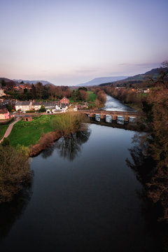 An aerial view of the Welsh Town Crickhowell and River Usk