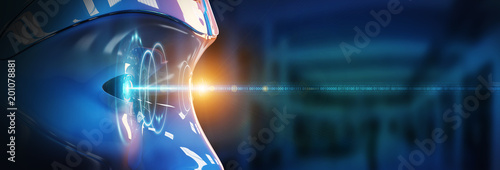 Cyborg head using artificial intelligence to create digital interface 3D rendering