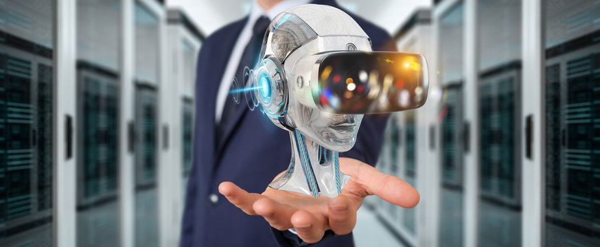 Businessman using virtual reality and artificial intelligence 3D rendering