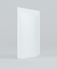 Blank foil plastic pouch bag on studio background. Packaging template mockup. 3d rendering.