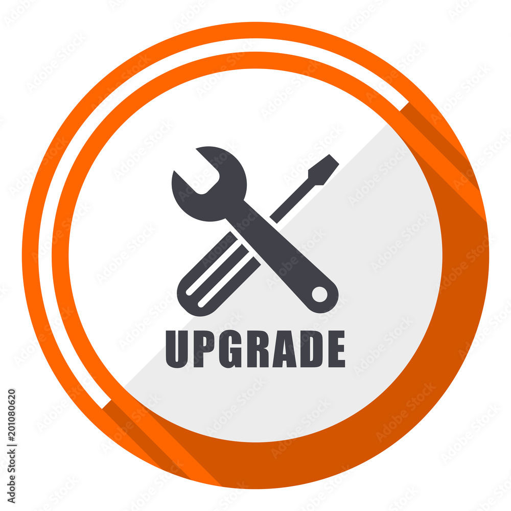 Aufkleber upgrade flat design orange round vector icon in eps 10
