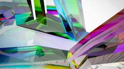 Abstract white and colored gradient glasses interior multilevel public space with window. 3D illustration and rendering.