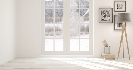 Fototapeta na wymiar White empty room with lamp andwinter landscape in window. Scandinavian interior design. 3D illustration