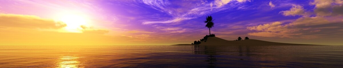 beautiful sea sunset, panorama of the sea landscape sun over the water, island with a palm tree
