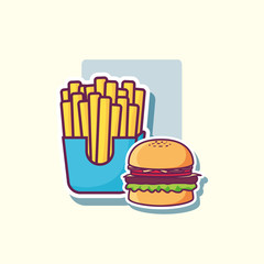fast food design with hamburger with french fries over white background, colorful design. vector illustration