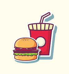fast food design with hamburger with soft drink cup over white background, colorful design. vector illustration