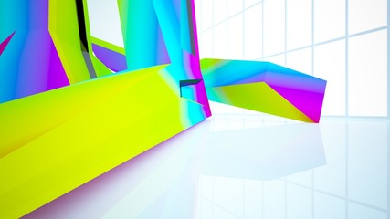 Obraz premium Abstract white and colored gradient interior multilevel public space with window. 3D illustration and rendering.