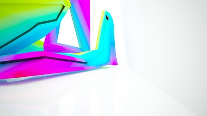 Abstract white and colored gradient  interior multilevel public space with window. 3D illustration and rendering.