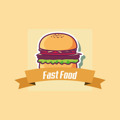 Emblem of fast food concept with hamburger icon and decorative ribbon over orange background, colorful design. vector illustration