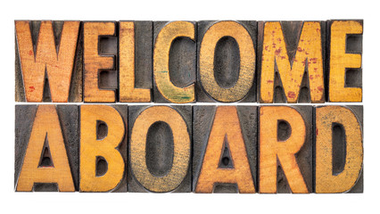 welcome aboard in wood type