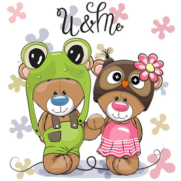 Cute Cartoon Bears in a frog hat and owl hat