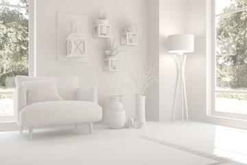 White room with armchair and green landscape in window. Scandinavian interior design. 3D illustration