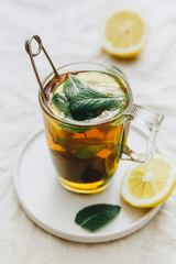 Hot Ginger tea with lemon and mint
