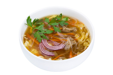 Top view of delicious Japanese soup. Isolated.