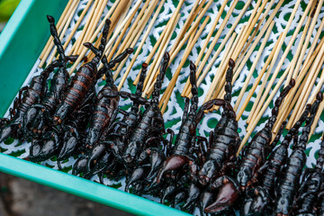 Scorpion skewers at a street food stall in Khao San Road, Bangkok, Thailand