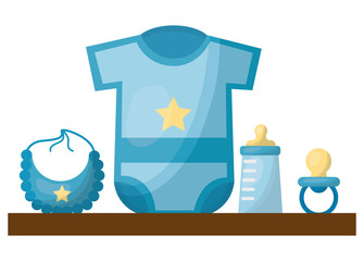 baby shower gifts boy clothes bottle bib pacifier vector illustration