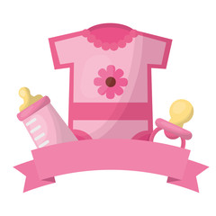 cute baby shower girl clothes pacifier and bottle ribbon decoration vector illustration