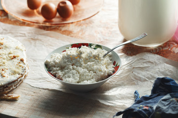 Plate fresh cottage cheese table close up Rustic style