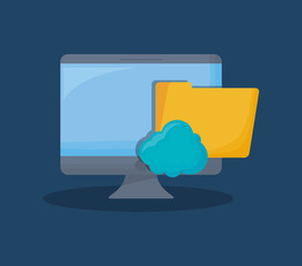 cyber security design with monitor computer and document folder and cloud storage over blue background, colorful design. vector illustration