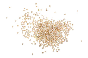 white quinoa seeds isolated on white background. Top view