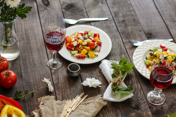 salad - organic vegetables, a set of ingredients (juicy vegetables). copy space (food vegetables background)