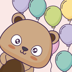 cute bear with colorful balloons over pink background, vector illustration