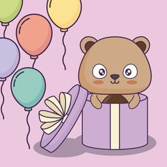 Happy birthday design with gift box with cute bear and decorative balloons over purple background, colorful design. vector illustration
