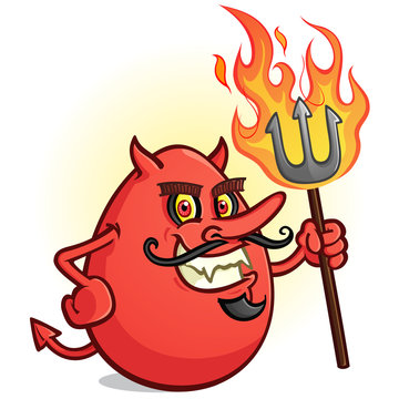 A Red Deviled Egg Cartoon Character Holding a Flaming Pitch Fork